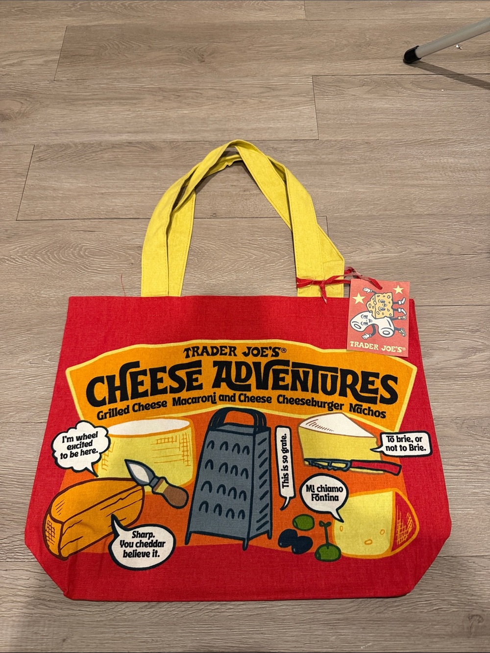 Trader Joe's Red 'Cheese Adventures' Tote Bag with Yellow Handles